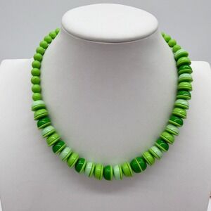 Vintage Lime Green Lucite Beaded Necklace Mod Disc Beads Statement 20 Inch